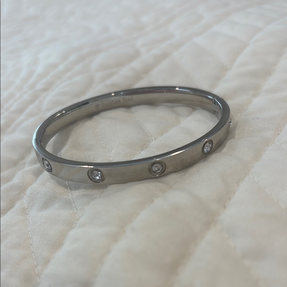 Stainless Steel Bangle Bracelet with Crystal Accents -Multi bezel settings